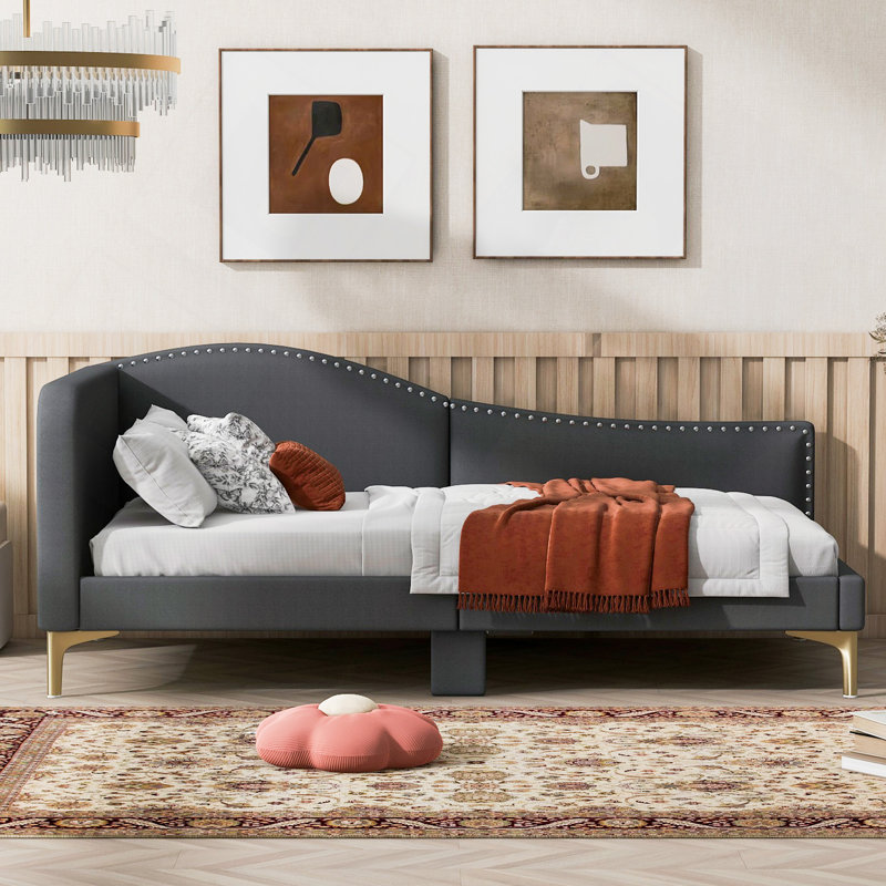 Upholstered Daybed With Headboard And Armrest, Support Legs, Grey, Twin