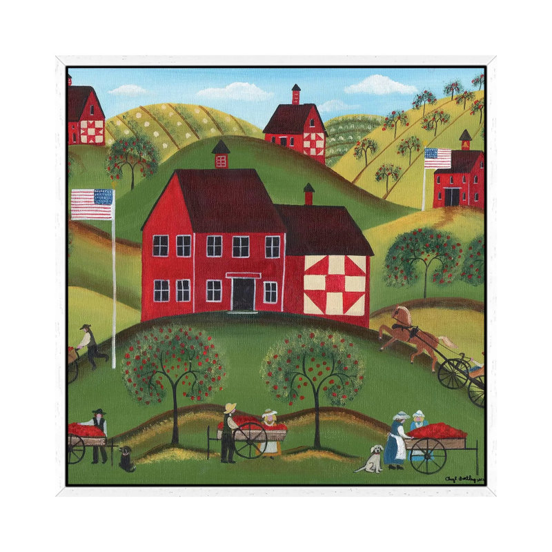 Primitive Americana Red Apple Barn by Cheryl Bartley - Print on Canvas, 45.72 cm H x 45.72 cm W, White Framed