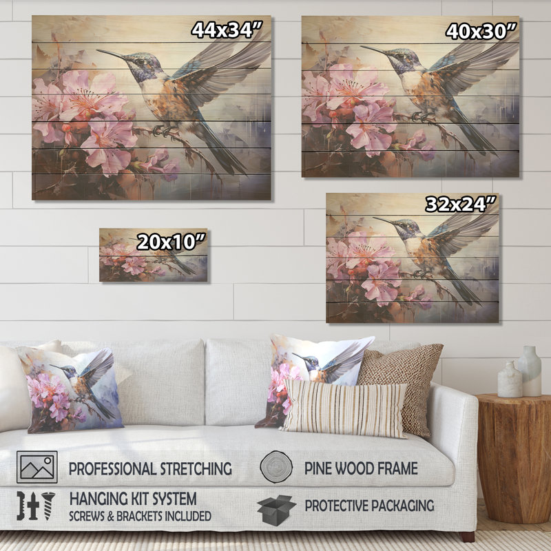 Colibri gris en vol II - imprimé colibri sur bois, H 24 po x l 32 po x P 0,78 po