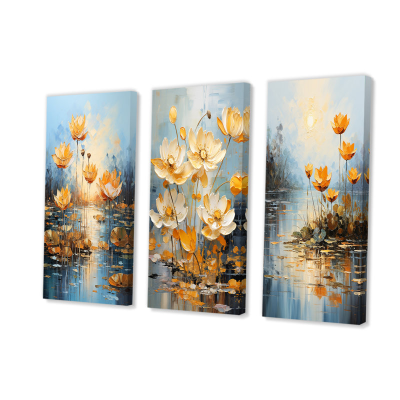 Golden Pond Lotus Tranquility - lot de 3 décorations murales Lotus, Toile tendue, H 28 po x l 36 po