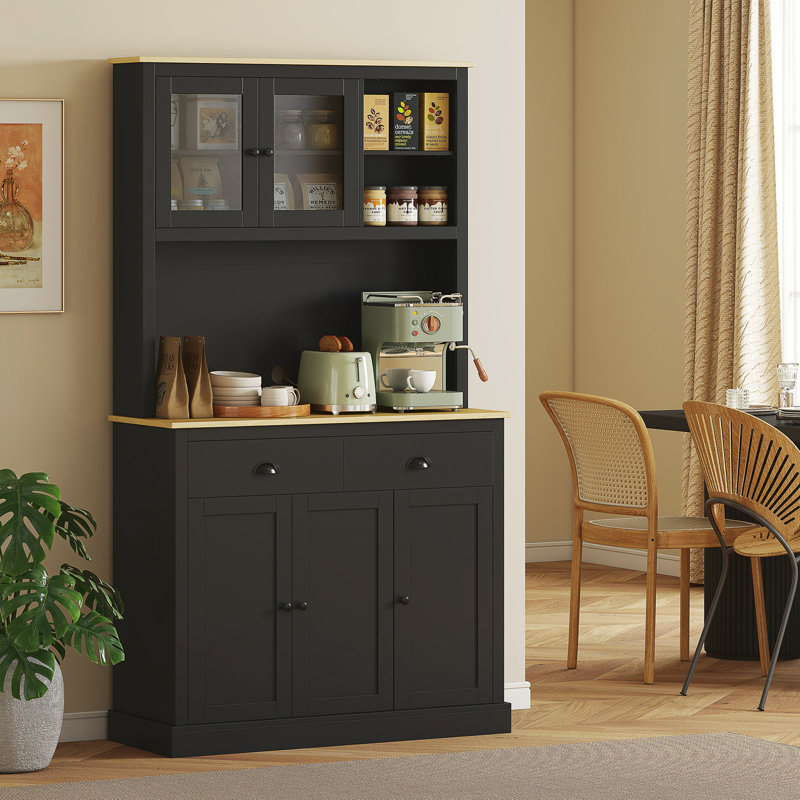 Garde-manger moderne en chêne noir et jaune - comptoir large avec trou de câble pour la station de café et le rangement de l'appareil