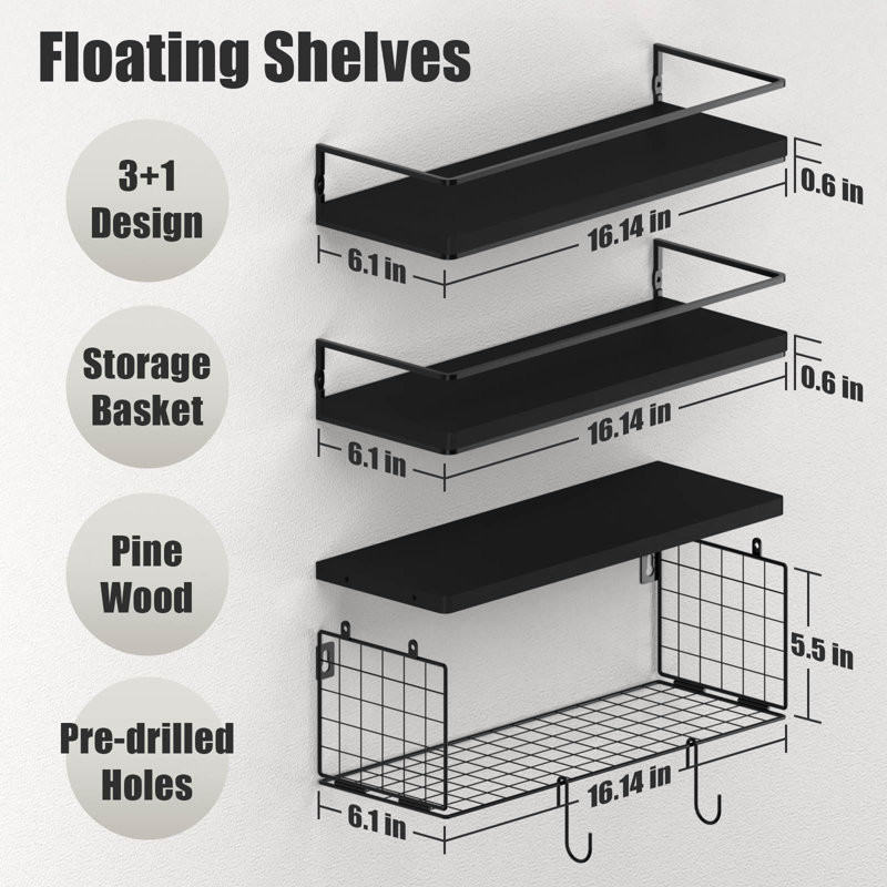 Floating Shelves With S Hooks, Wall Mounted Bathroom Shelves Over Toilet With Toilet Paper Basket, Bathroom Organizers And Storage, Black