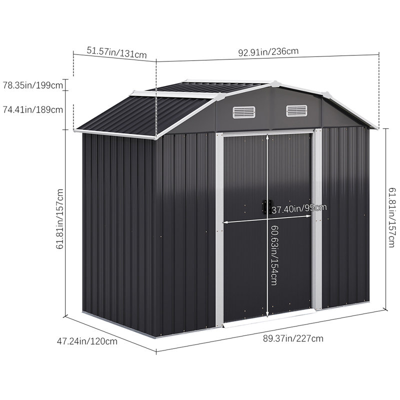 Catalaya 7.4 ft. W x 4 ft. D Metal Curved Storage Shed, Black