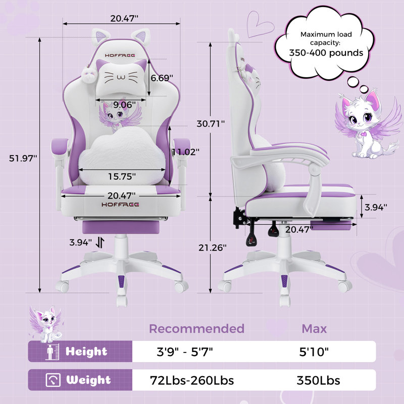 Gaming Chair For Girls With Cat Ears And Massage Lumbar Support Ergonomic Cute Computer Chair With Footrest Reclining Game Chairs For Adults