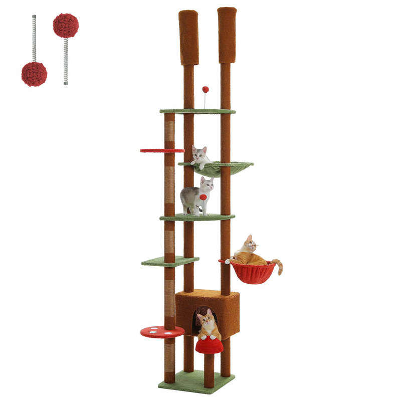 Adjustable Brown and Green Tall Cat Tree with Condo and Hammock