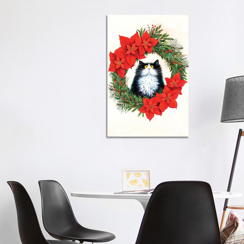 Black And White Cat In Poinsettia Wreath by Kim Haskins - Print on Canvas, Wrapped Canvas