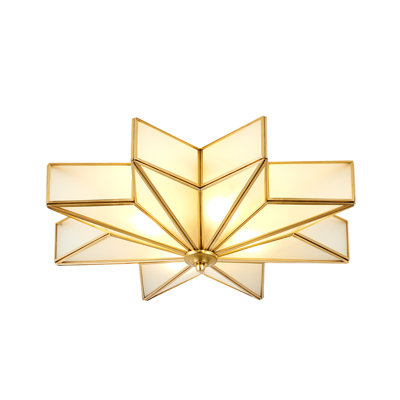Plafonnier encastré 4 lumières en forme d'étoile, cadre en métal doré, options d'ombrage en verre ondulé givré et transparent, luminaire E26 près du plafonnier, lampe encastrée rétro pour vestibule de vestibule