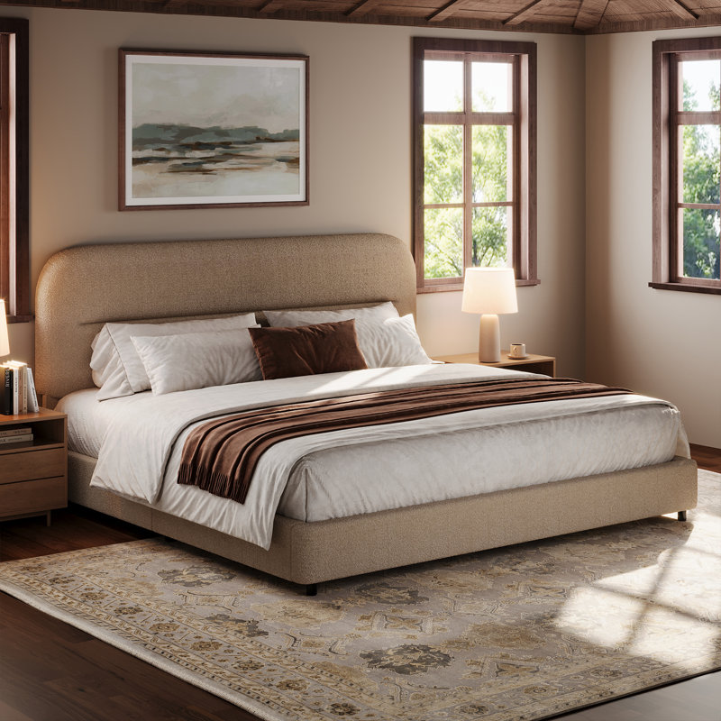 Base de lit plateforme Manfrid, collection Cloud avec revêtement Boucle et tête de lit arrondie, pied de lit épaissi, Beige