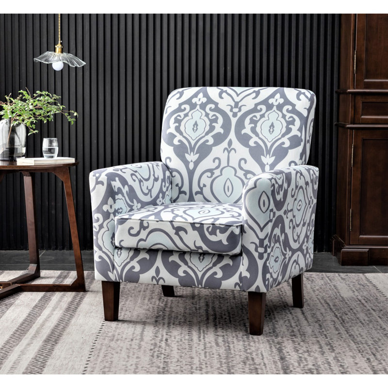 Chaise avec accoudoirs en mélange de polyester à motifs, structure en bois de bouleau massif avec pieds fuselés bruns, chaise d'appoint rembourrée de mousse avec garniture pour le bureau du salon