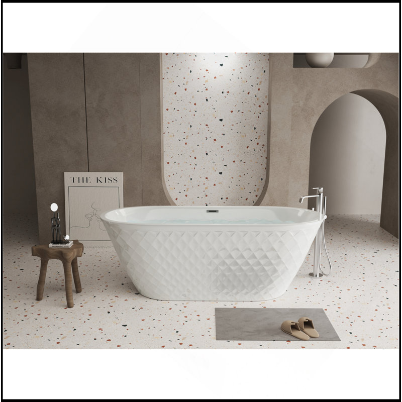 67'' Acrylic Freestanding Bathtub With Unique Diamond Pattern, Spacious Oval Shape, Gloss White Finish, And Chrome Drain