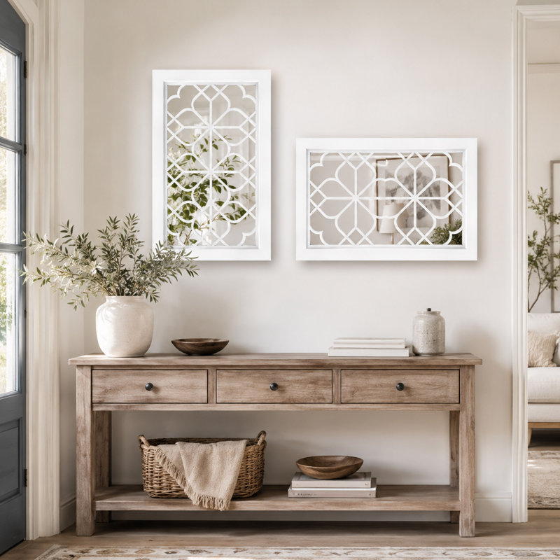 White Rectangular Wall Mirror Set of 2, Carved MDF Frame