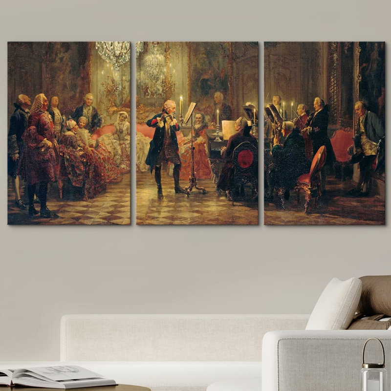 «Concerts avec Frederick le Grand», 3 pièces par Adolph Menzel, Toile tendue, H 24 po x l 16 po x P 1,5 po