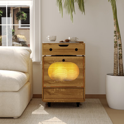 Robot-Shaped Wood End Table - 360° Rotating Storage Chest, 3-Color LED Lights & Lockable Rolling Wheels