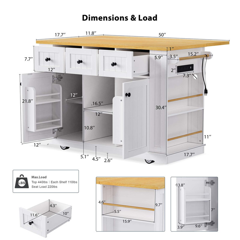 53Inch Large Kitchen Island With Drop Leaf, Power Outlet, Door Internal Storage Rack, Rolling Kitchen Cart On 5 Wheels With 5 Open Side Racks For Kitchen, Dining Room,White(Not Include Bar Stools)