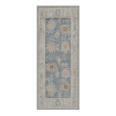 Machine Washable Patchwork Blue / Ivory Hallway Runner With Non-Slip Backing