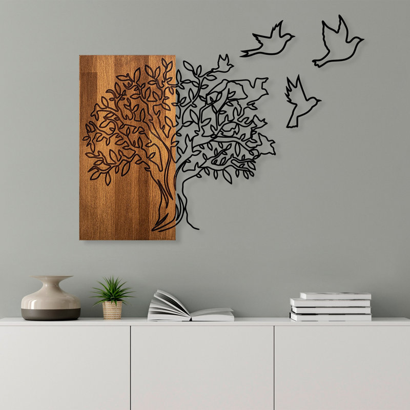 Élégant accessoire mural décoratif en bois, noyer et noir, 24,0 po x 22,8 po | 100% bois (épaisseur: 1,2 po) et métal (épaisseur: 0,06 po) | Conception murale polyvalente parfaite pour la décoration intérieure