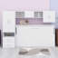 Lit escamotable avec tablettes ouvertes et tiroirs de rangement, armoire encastrée et table