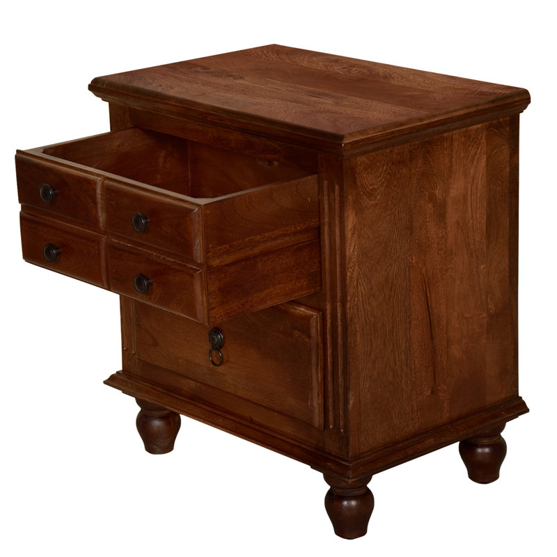 Table de chevet fabriquée à la main de 26 pouces, 2 tiroirs, boutons thermolaqués noirs, bois de manguier noyer brun