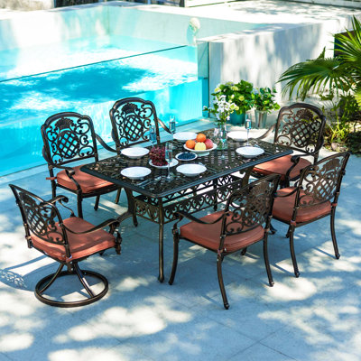 7-Piece Patio Furniture Dining Set, All-Weather Cast Aluminum Outdoor Table and Chairs for 6, Includes 4 Dining Chair & 2 Swivel Chairs & 60'' Rectangular Table