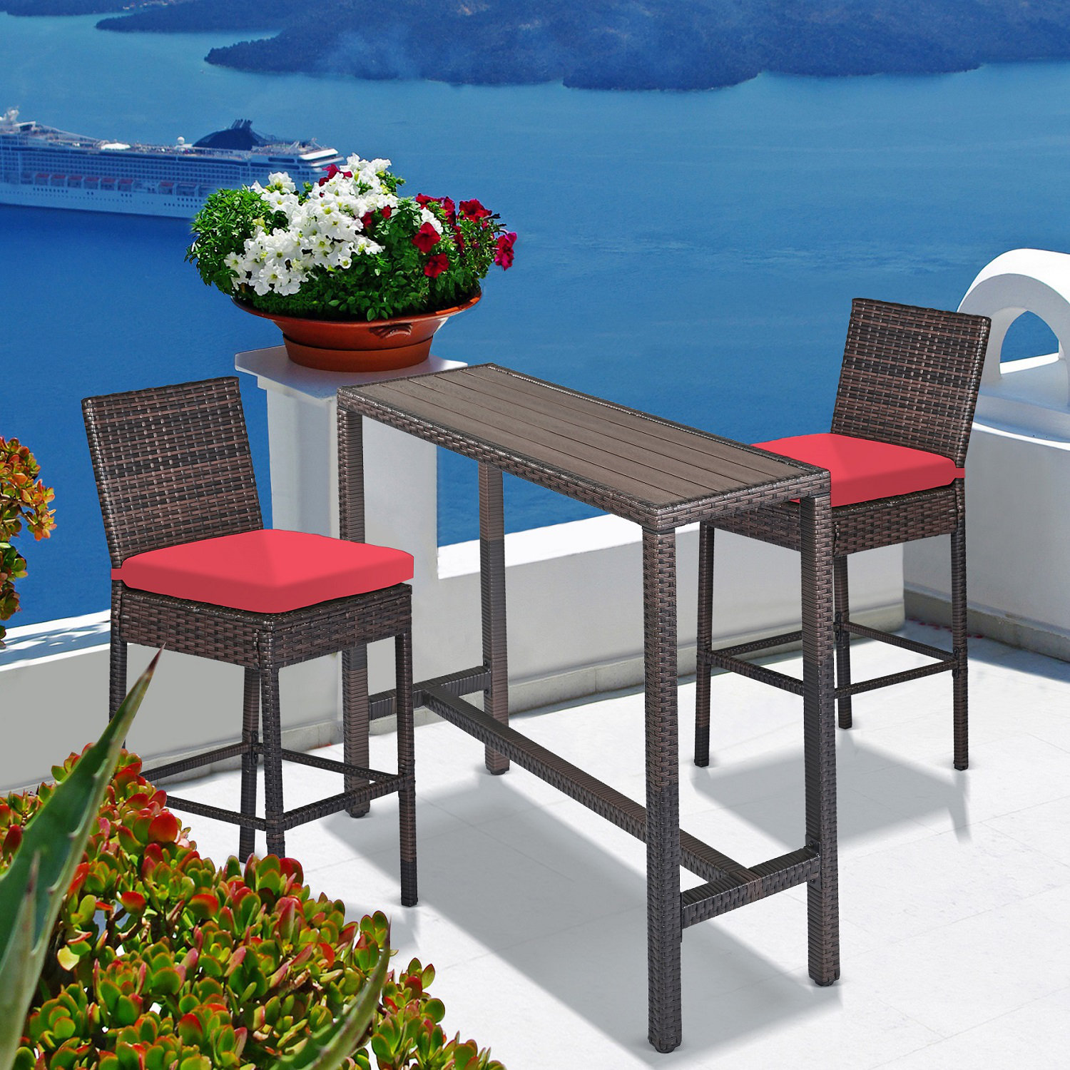 Outdoor Bar Set for Patio 3pcs Outdoor Bar Table and Chairs Set All Weather Bar Height High Top Outdoor Table and Chairs Wicker Bar Stools Set of 2, image size:1500x1500