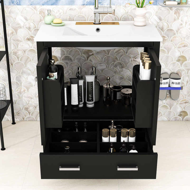 Ensemble de meuble-lavabo simple autoportant en bois avec lavabo en céramique Ordonez, portes à fermeture douce et grand espace de rangement
