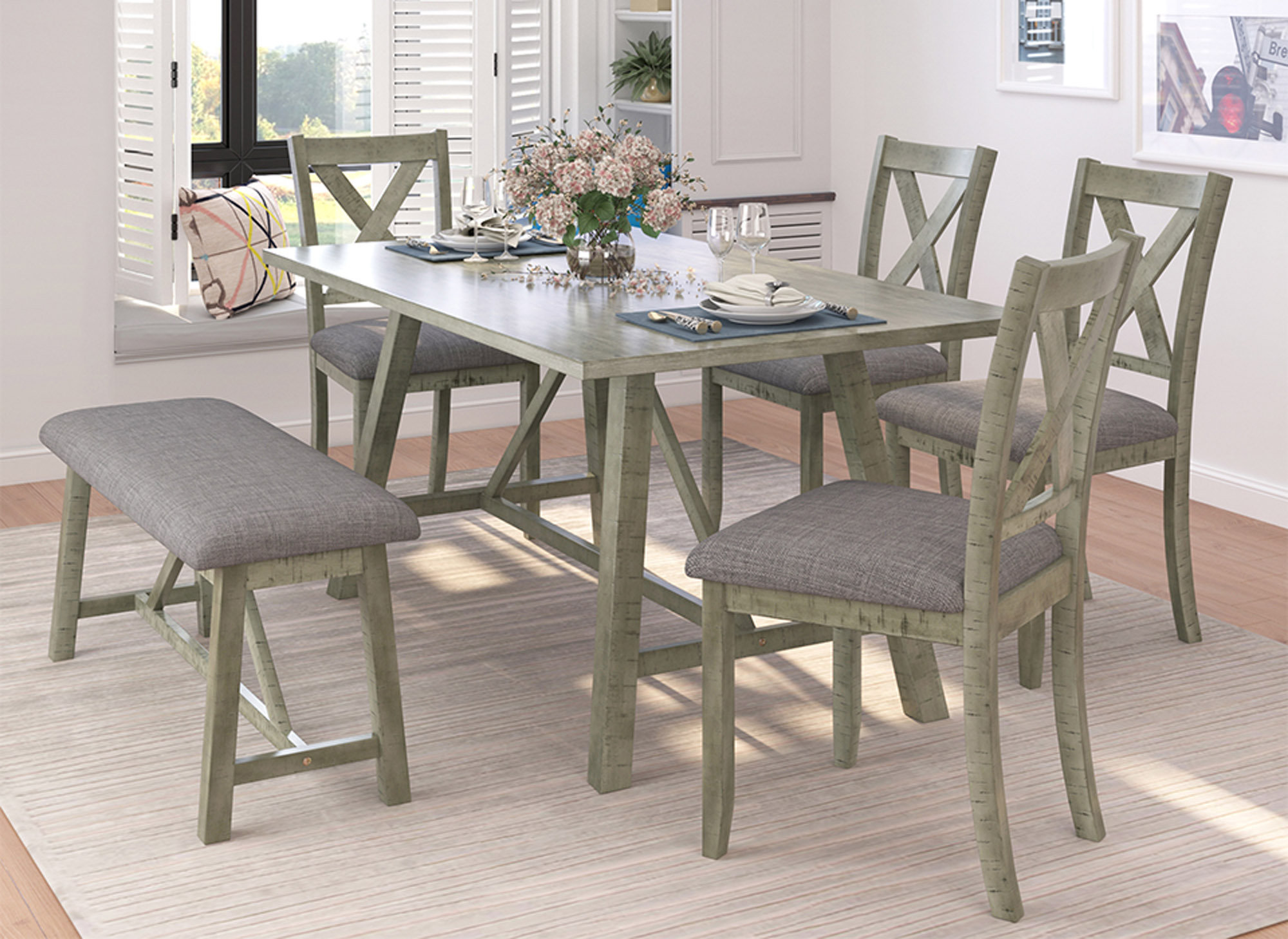 Gracie Oaks 6 Piece Dining Table Set with Table, Bench and 4 Chairs