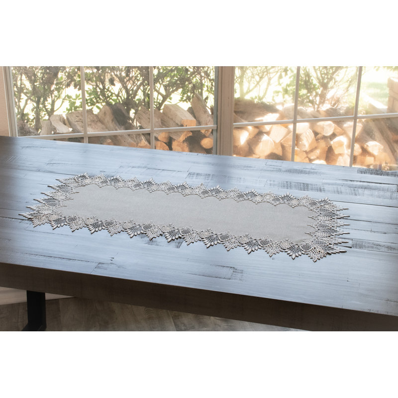 Lace Runner Earth Tone Silver Lace On Silver Fabric Table Runner, 54" L x 16" W