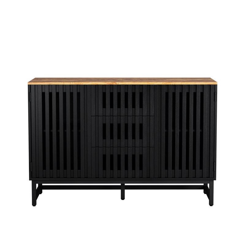 Commode de chambre moderne en noir, avec 3 tiroirs et 4 tablettes, fabriquée à partir de métal noir à grande grille rayée, en métal, pour le salon