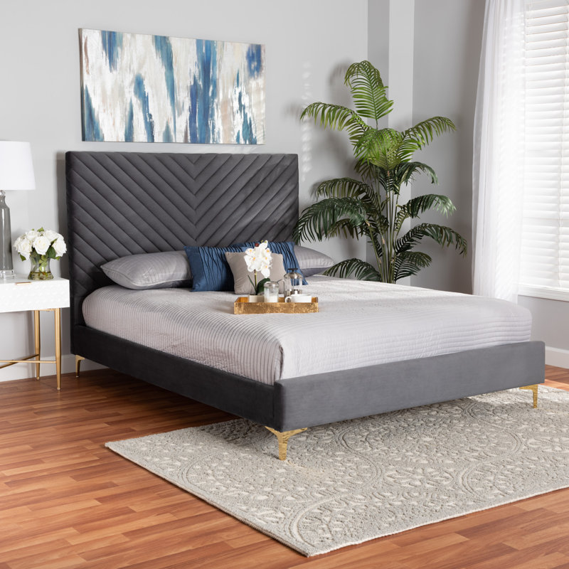Gray Velvet Upholstered Queen Bed with Chevron Tufted Headboard