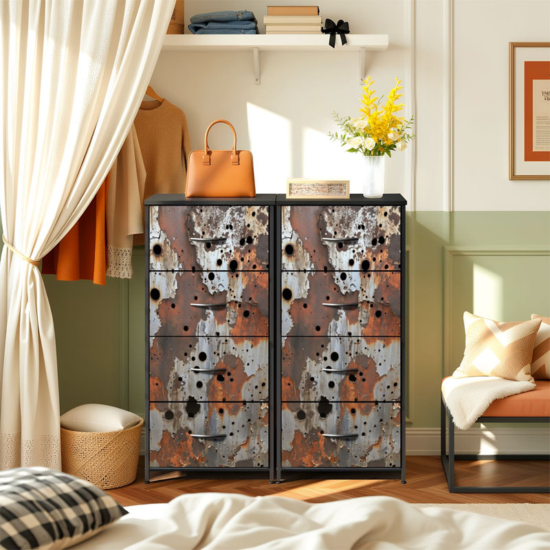 Dresser for Bedroom with 4 Storage Drawers Rusted Metal Steampunk Rustic Paint Industrial Steampunk Dressers Chest of Drawers Steel Framed Fabric Closet Organizers for Dorm Entryway