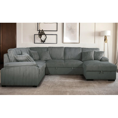 Corduroy U-Shape Sectional With Pull Out Bed & Storage Chaise + 6 Pillows