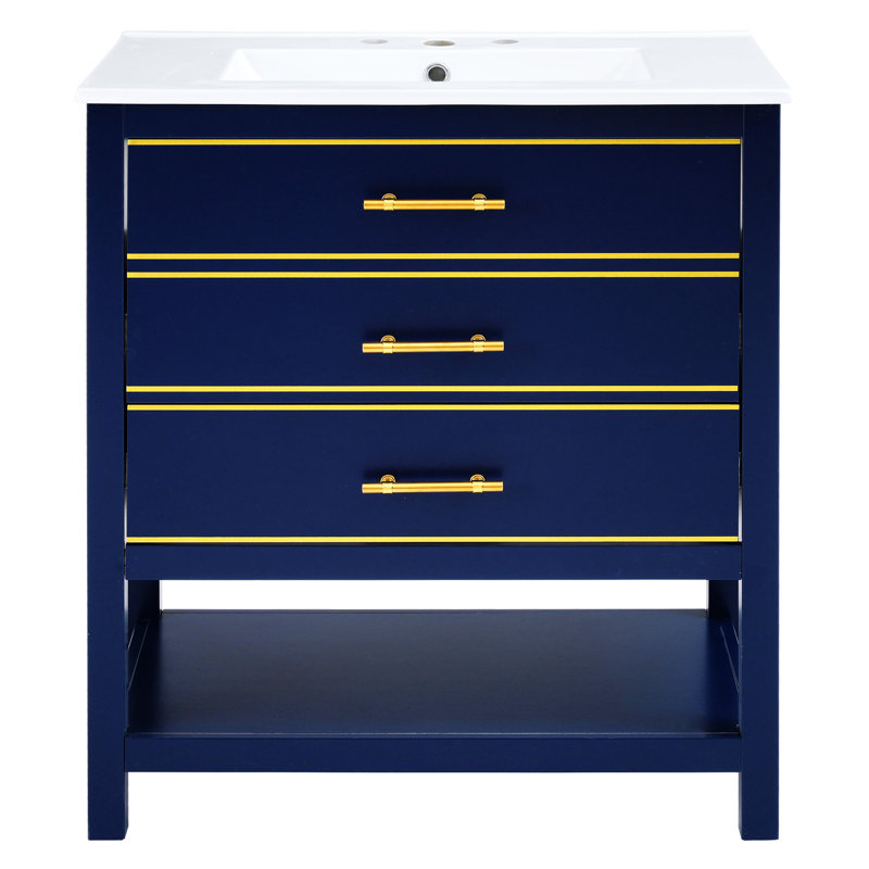 Ensemble de meuble-lavabo moderne 30 pouces bleu marine / blanc avec deux tiroirs Openstorge, Bleu