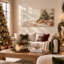 Tableau mural sur toile de Noël représentant une table à manger avec du pain et une fenêtre enneigée-203369675