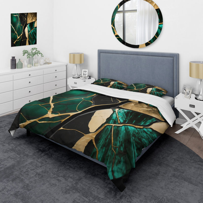Abstract Geode Gold I - Abstract Marble Duvet Cover Set, Queen Duvet Cover + 2 Standard Shams