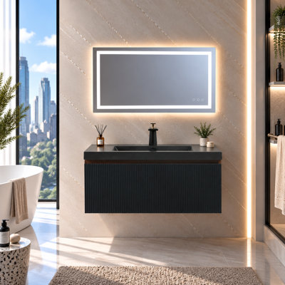 Meuble-lavabo mural simple de 91 cm (36 po), de style suspendu, avec armoire en chêne naturel cannelé, lavabo en surface solide blanche, tiroir à fermeture en douceur, préassemblé