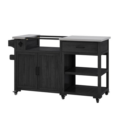 Chariot de cuisine et îlot de cuisine extérieur en bois massif avec plateau en acier inoxydable, support à épices, 1 tiroir, tablettes réglables et 4 supports de porte, noir