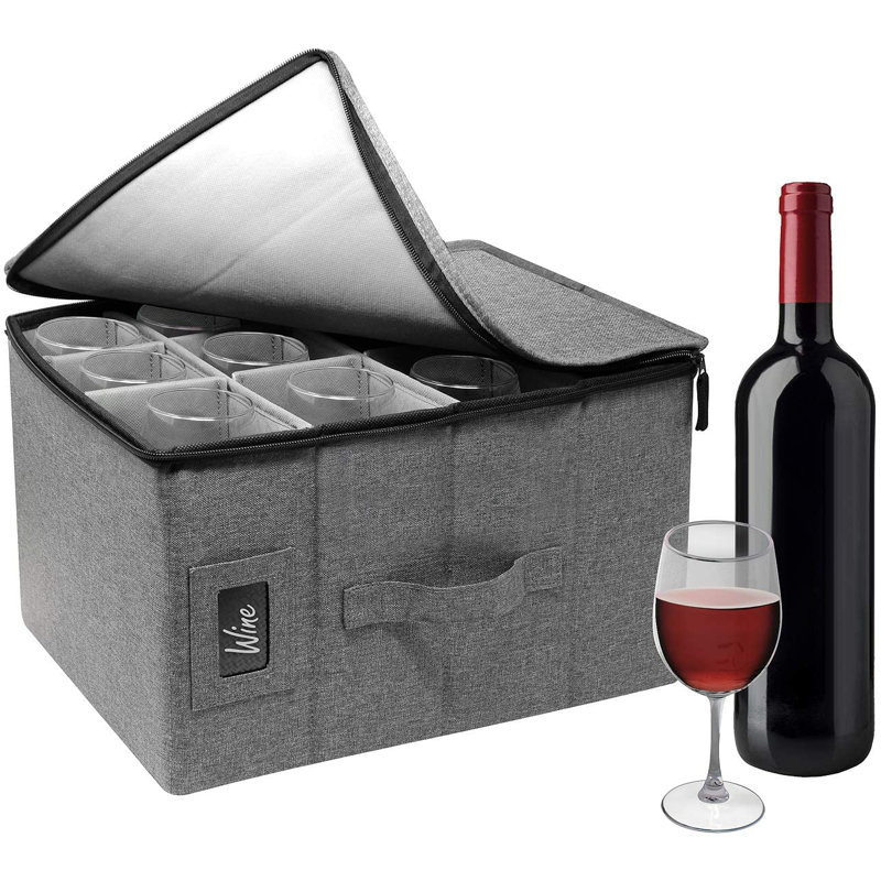 Gray Fabric Collapsible Stemware Storage Box with Dividers