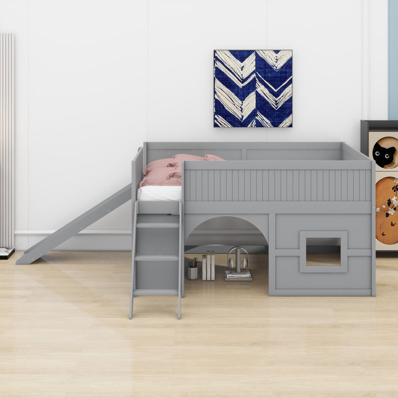Lit mezzanine bas en bois avec tablettes de rangement et glissade, Gris