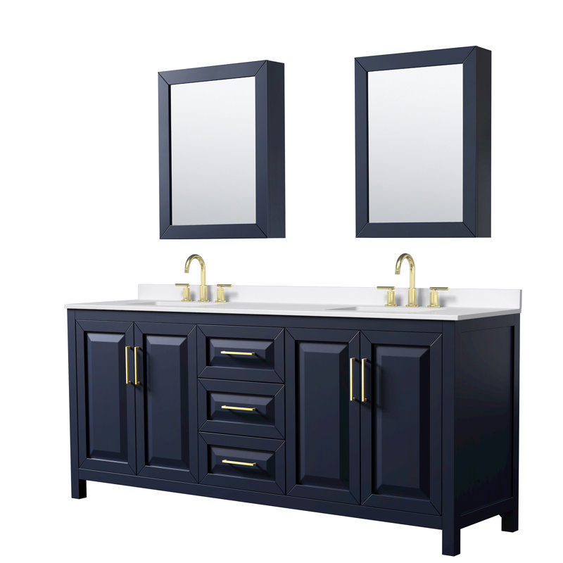Daria 80'' W Vanity, White Quartz, Blue, Brushed Gold