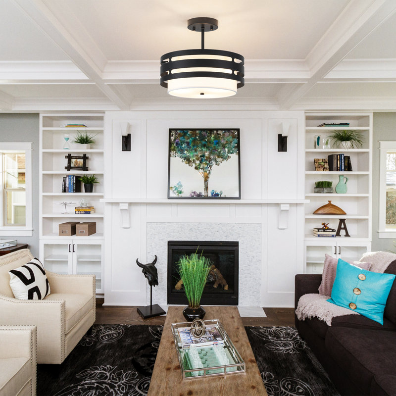 3 - Light 12.6'' Dimmable Drum Modern Semi Flush Mount Light Drum Lamp Shade Pendant Pendant With  Fabric Shade