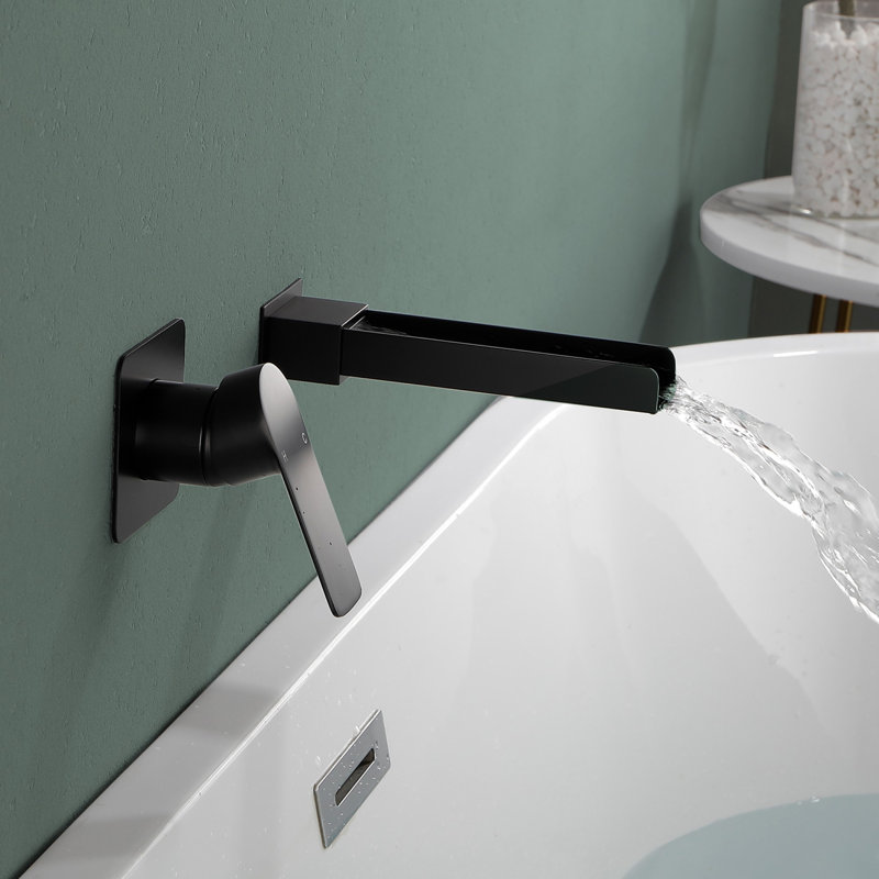 Wall Mounted Tub Faucet with Single Handle, Bathroom Waterfall Tub Filler, Matte Black