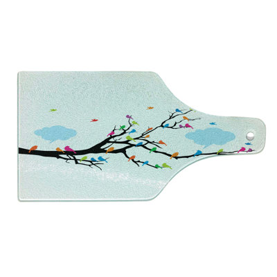 Ambesonne Winter Tempered Glass Cutting Board Winged Birds on Tree Multicolor