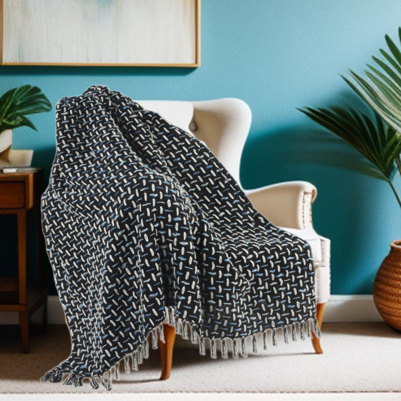 Jeté géométrique en coton tissé noir et bleu