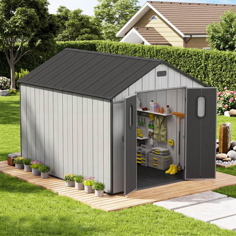 Patio Plastic Portable Outdoor Storage Shed with Deck, 8 ft x 10 ft