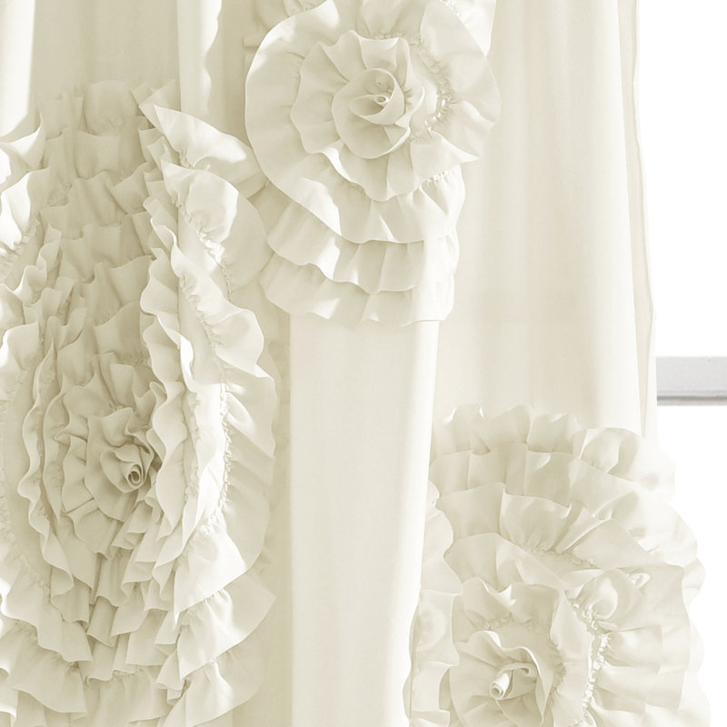 Ivory Polyester Light-Filtering Ruched Flower Curtain Panel