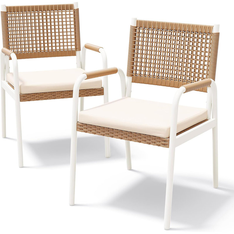 Patio Dining Side Chair with Cushion, White