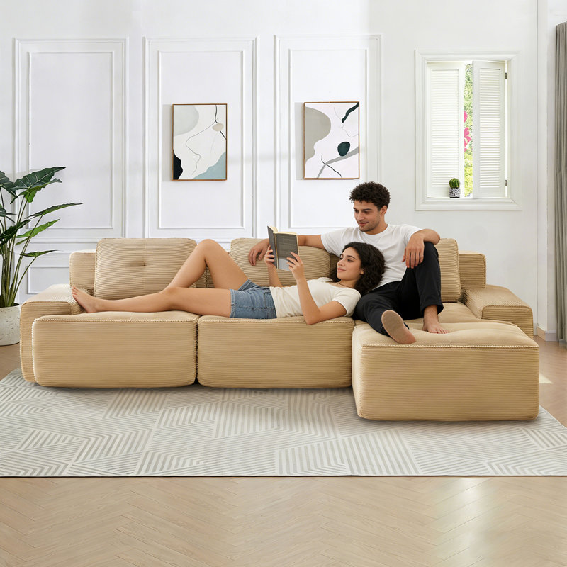 Tayani Boneless 124.00" U Shaped Couch, Modular Sectional Sofa, 3-Seater Comfy Cloud Couch with Movable Ottoman