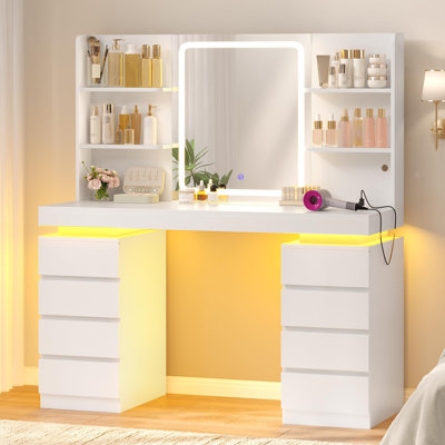 Bureau de coiffeuse avec miroir et lumières, 8 tiroirs et tablettes, coiffeuse de maquillage avec station de charge, blanc