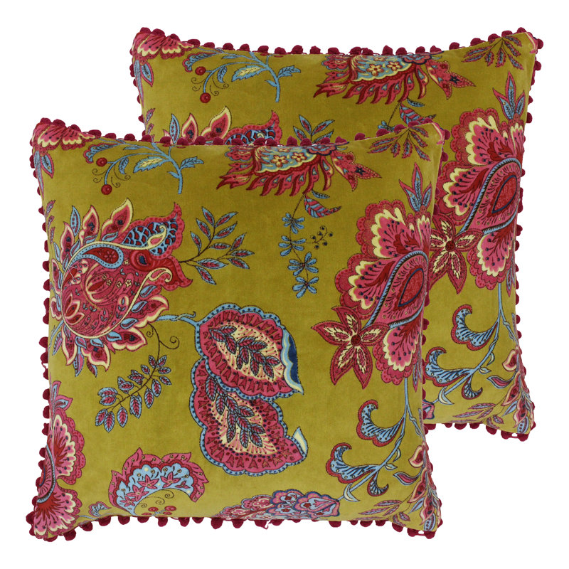 Paoletti Malisa Floral Square Throw Cushion, Lemon Curry, Polyester