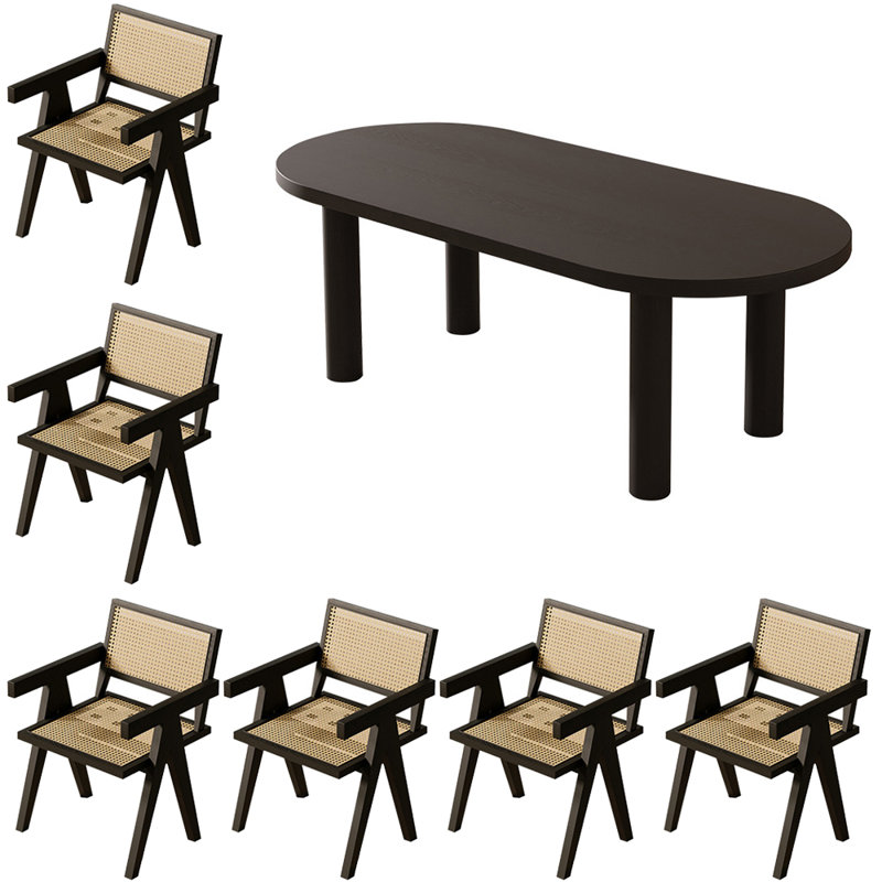 French style solid wood oval dining table set, 7, 29.5"H x 62.9"L x 27.5"W